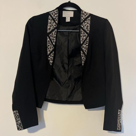 H&M Party Black‎ Open Blazer Cropped Career Tailored Top Y2K Rhinestones Jacket - Picture 1 of 4